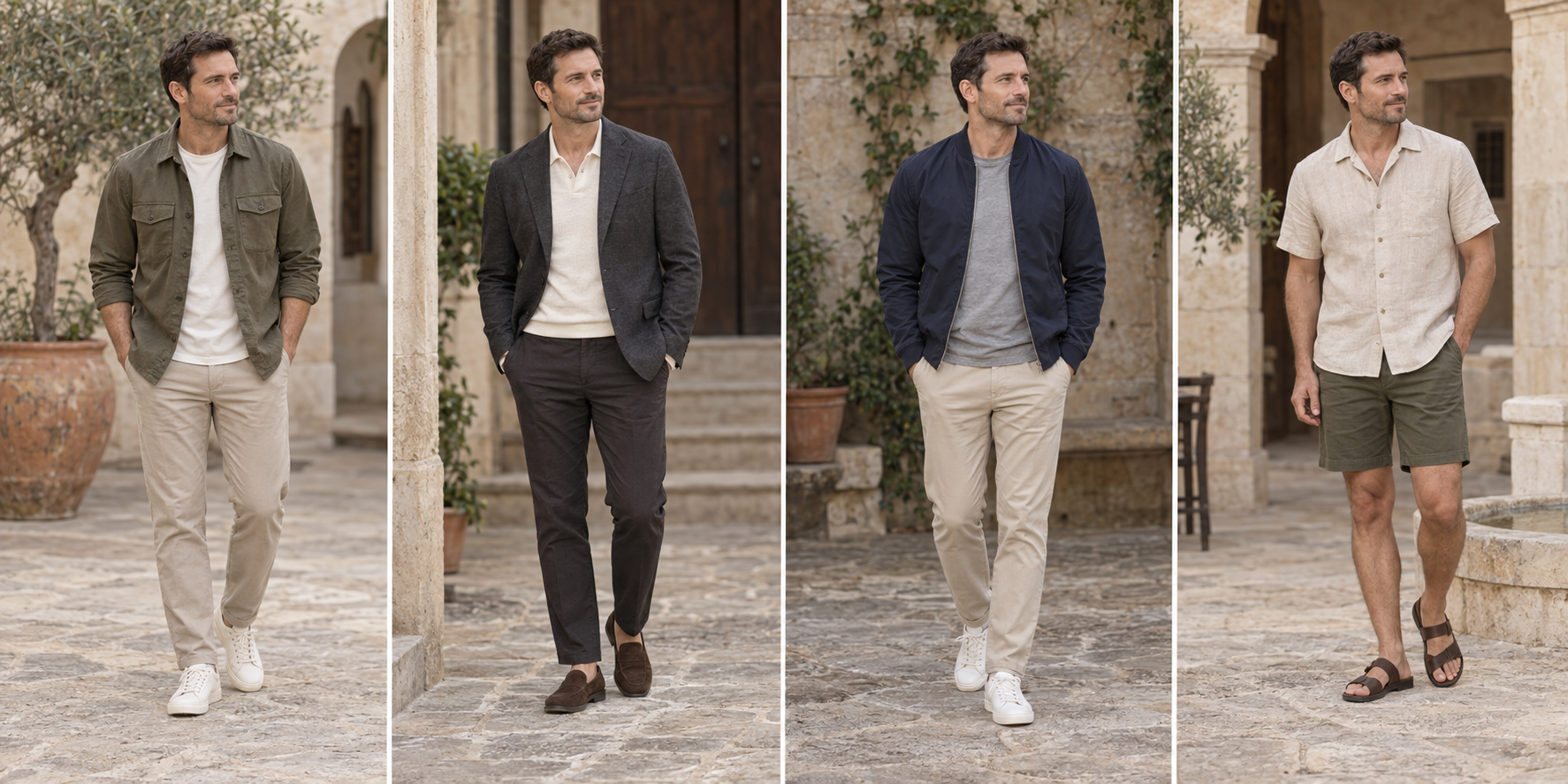Four sample outfits on the same fictional model: everyday layers, soft tailoring, a bomber outfit and summer linen